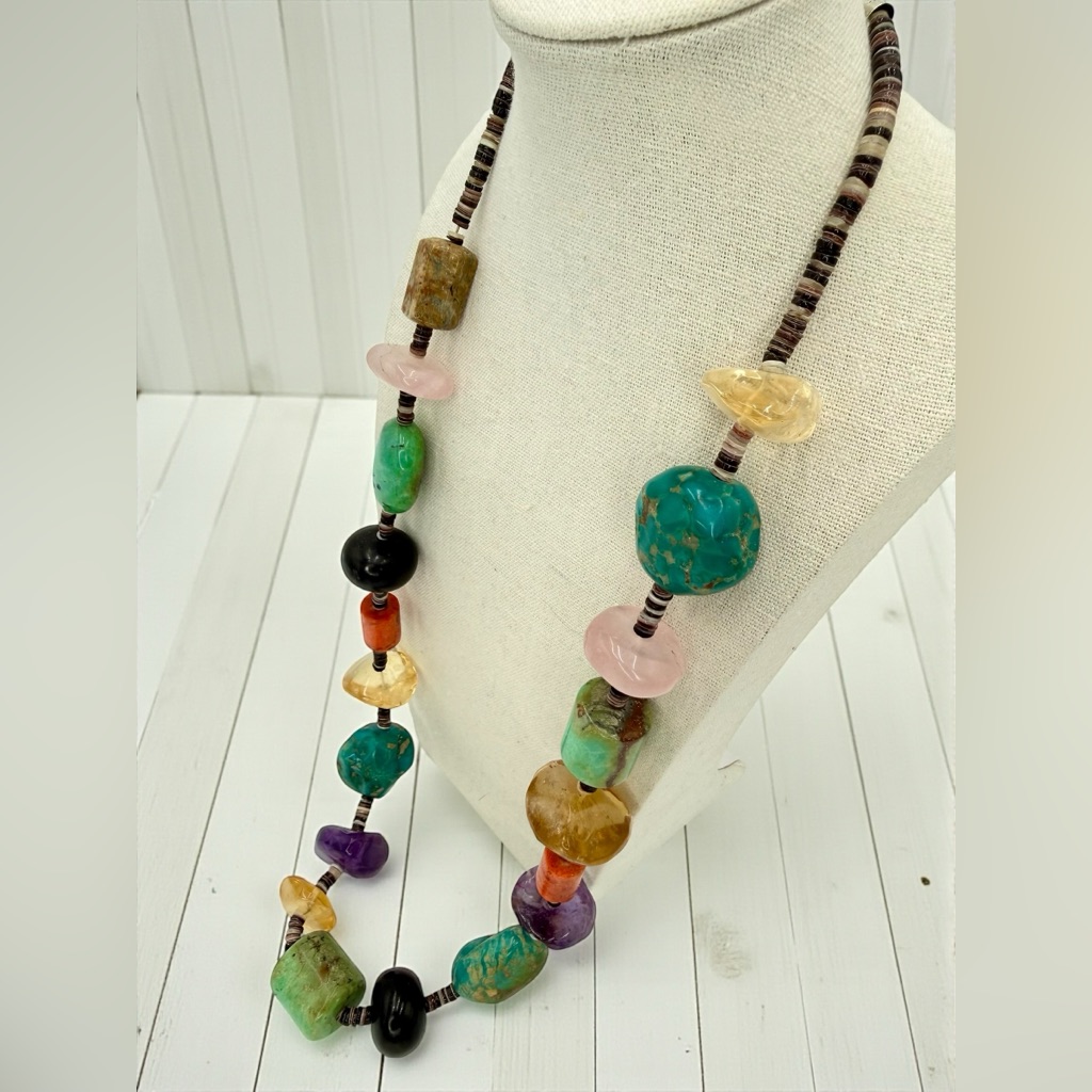 Navajo Sterling 925 Multi Gem Turquoise Heishi 28” Necklace 238g Stunning